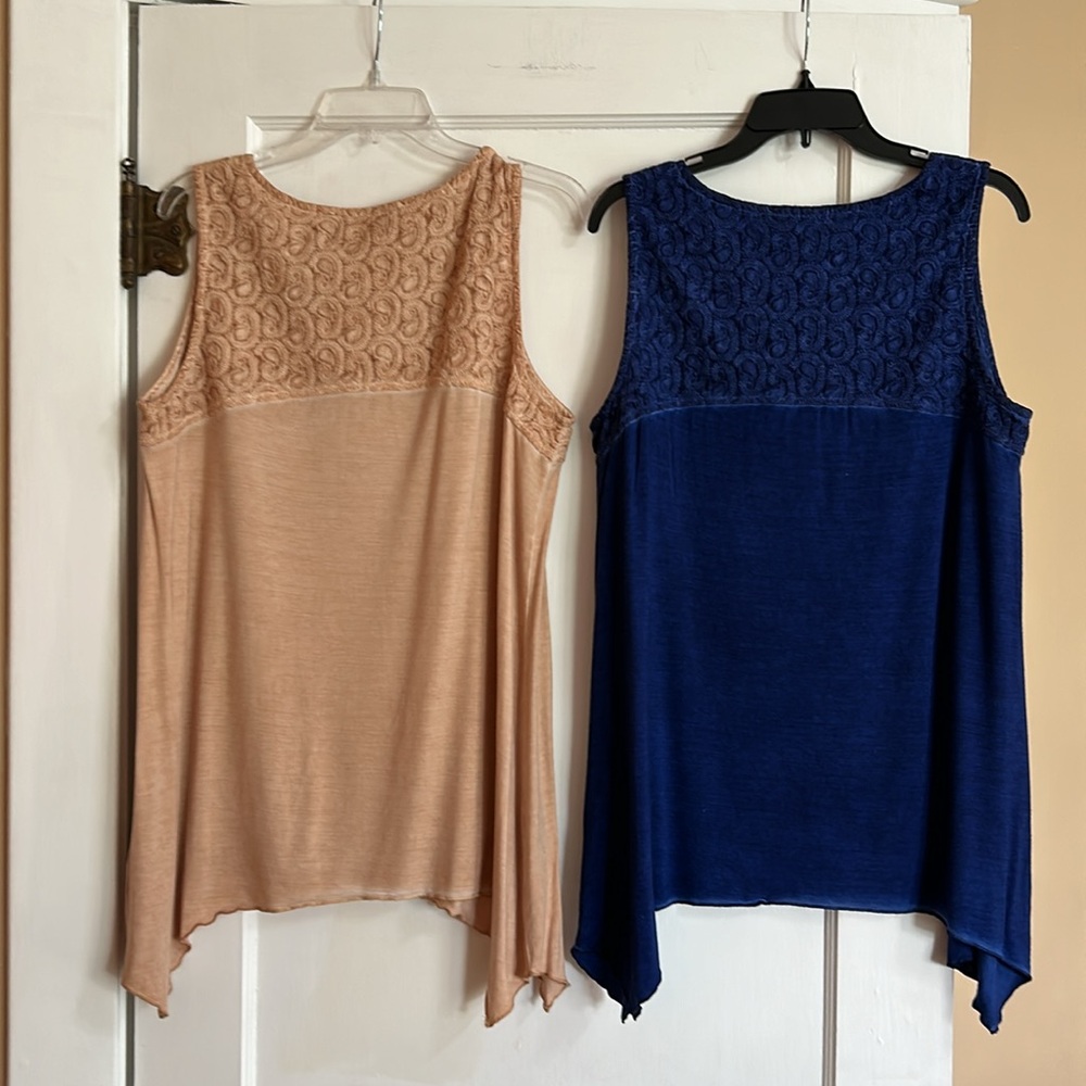 Soft Surroundings sleeveless tops with lace like fabric yoke. Set of two. L - Picture 2 of 9